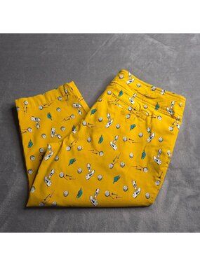 Izod Golf Womens Yellow Capri Pants 12 Fun Golf-Themed Print Stretch Althletic